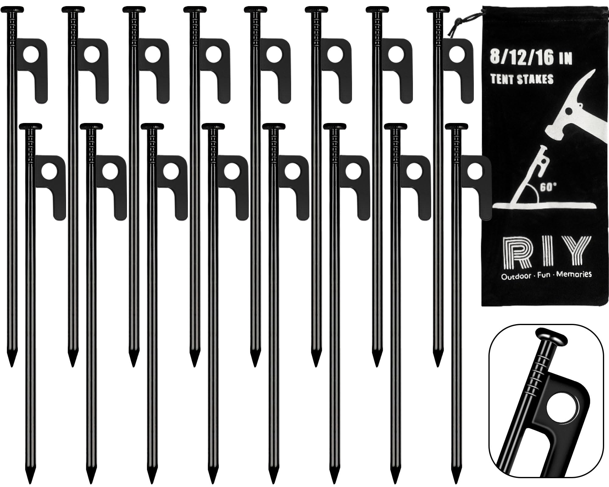 RIY Tent Stakes Heavy Duty 8 inch Metal Tent Pegs for Camping Steel Tent Stakes Inflexible and Unbreakable-16 PCS