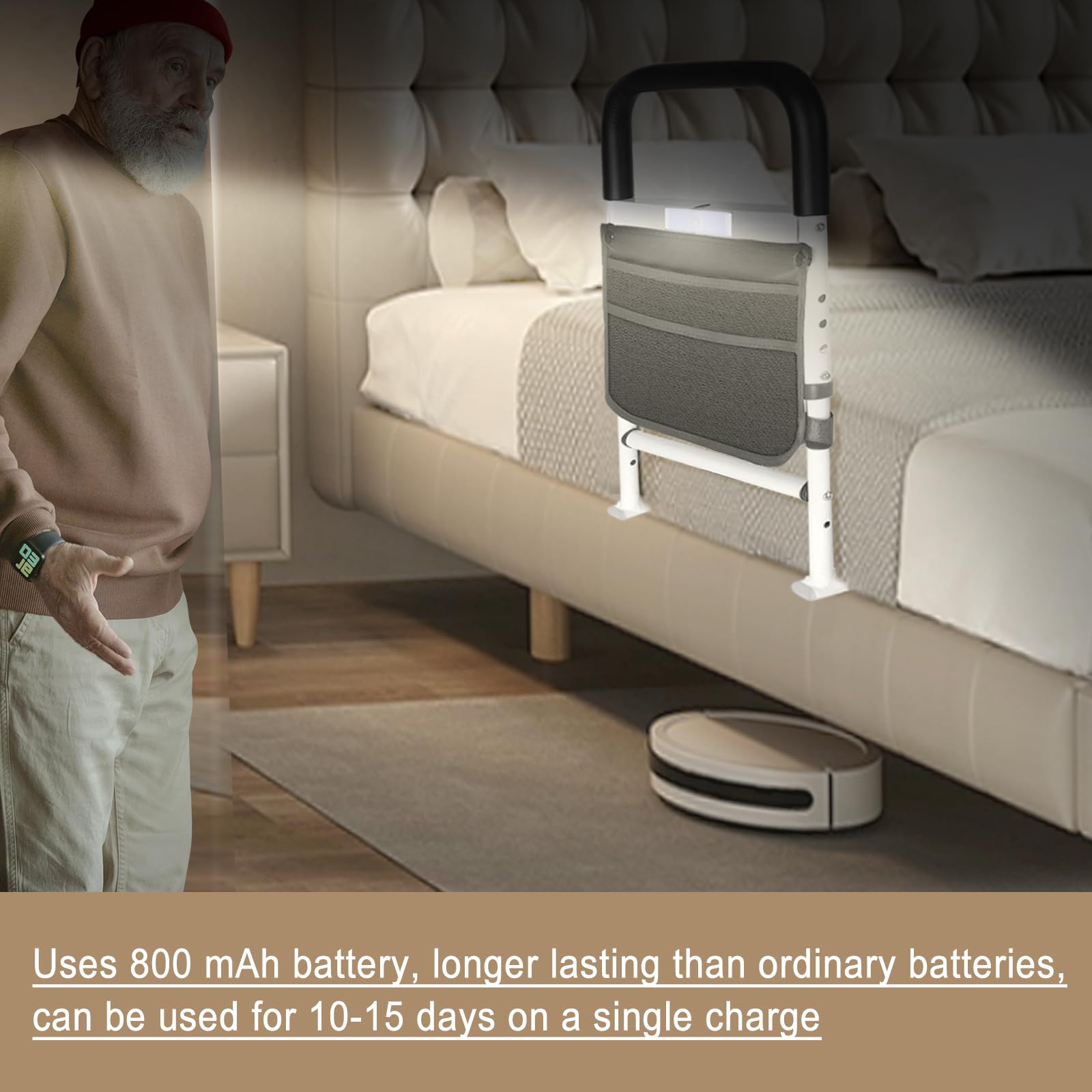 Rieles de Cama para Adultos Mayores, Riel de Ayuda para Cama de Altura Ajustable para Personas Mayores Barra de Agarre para Evitar Caídas junto a la Cama con Bolsa de Almacenamiento y Correa de Fija