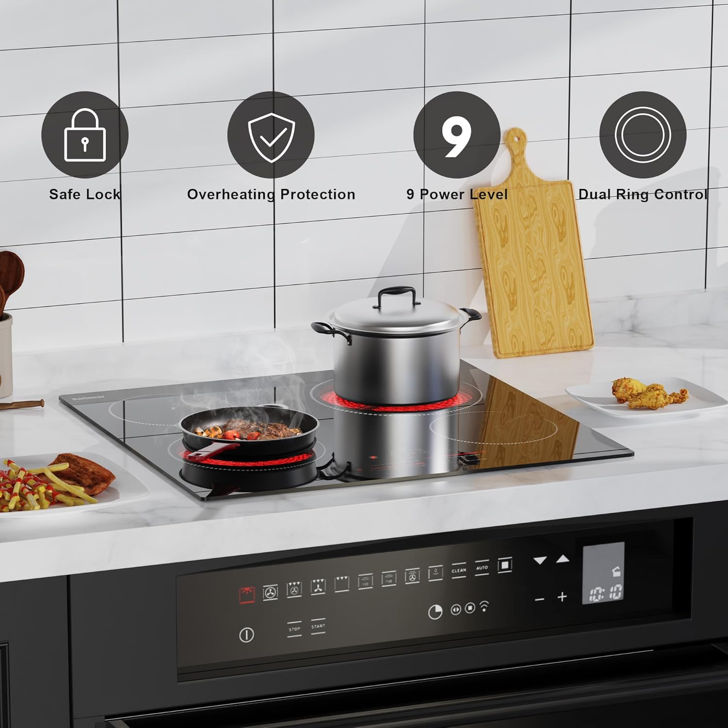 Safety features of the Karinear Vitroceramic Hob including safe lock, overheating protection, 9 power levels, and dual-ring control.