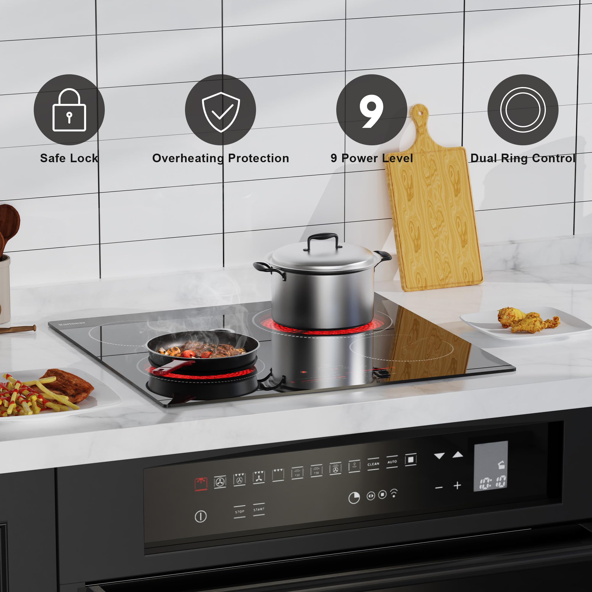 Karinear Piano Cottura Induzione 4 Fuochi, 60cm Piastra Induzione Elettrico 6600W, Piani Cottura con 9 Power Comandi Toccare e Scorrimento, Blocco di Sicurezza per Bambini, Timer Lock, Vetro, Nero