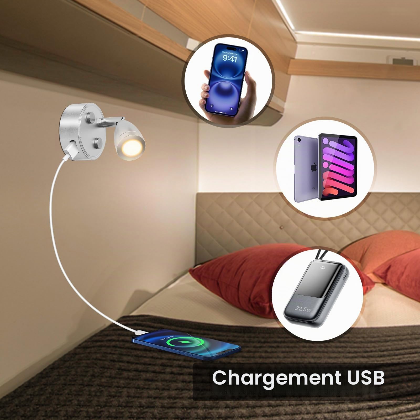 Lampe LED 12V pour Camping Car avec Port USB et Interrupteur Tactile, Spot de Lecture LED 12V Lumière Chaude 3000K, Lampe de Lecture 12 V Dimmable pour Caravane, Bateau et Yacht, Lot de 2