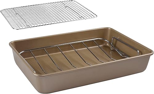 Miniatura 7 de Asador antiadherente de acero al carbono con estante plano y estante en V, base texturizada de 0.031 in de grosor, oro champán