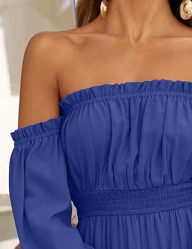 Miniatura 7 de ZESICA - Vestido largo, bohemio y sexy, con hombros descubiertos y manga larga fruncida, con elástico fruncido, cintura alta y abertura lateral