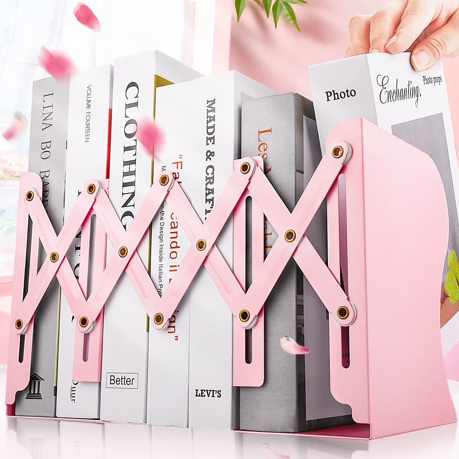 Sujetalibros antideslizantes para sostener libros, sujetalibros ajustables resistentes, sujetalibros de metal para estantes, organizador de libros rosa para escritorio, se extiende hasta 19