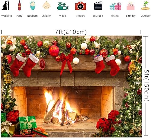 Miniatura 2 de Fondo de fotografía de chimenea de Navidad de 7 x 5 pies, fondo de regalo para fiesta de invierno, decoración de vacaciones, retrato fotográfico,