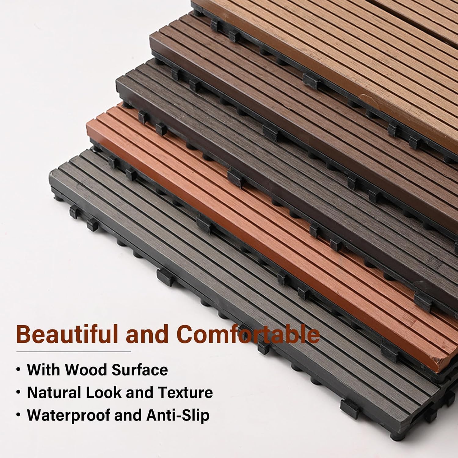 Piastrelle ad incastro per esterni, pavimento in legno di plastica per patio e giardino, design durevole e resistente alle intemperie
