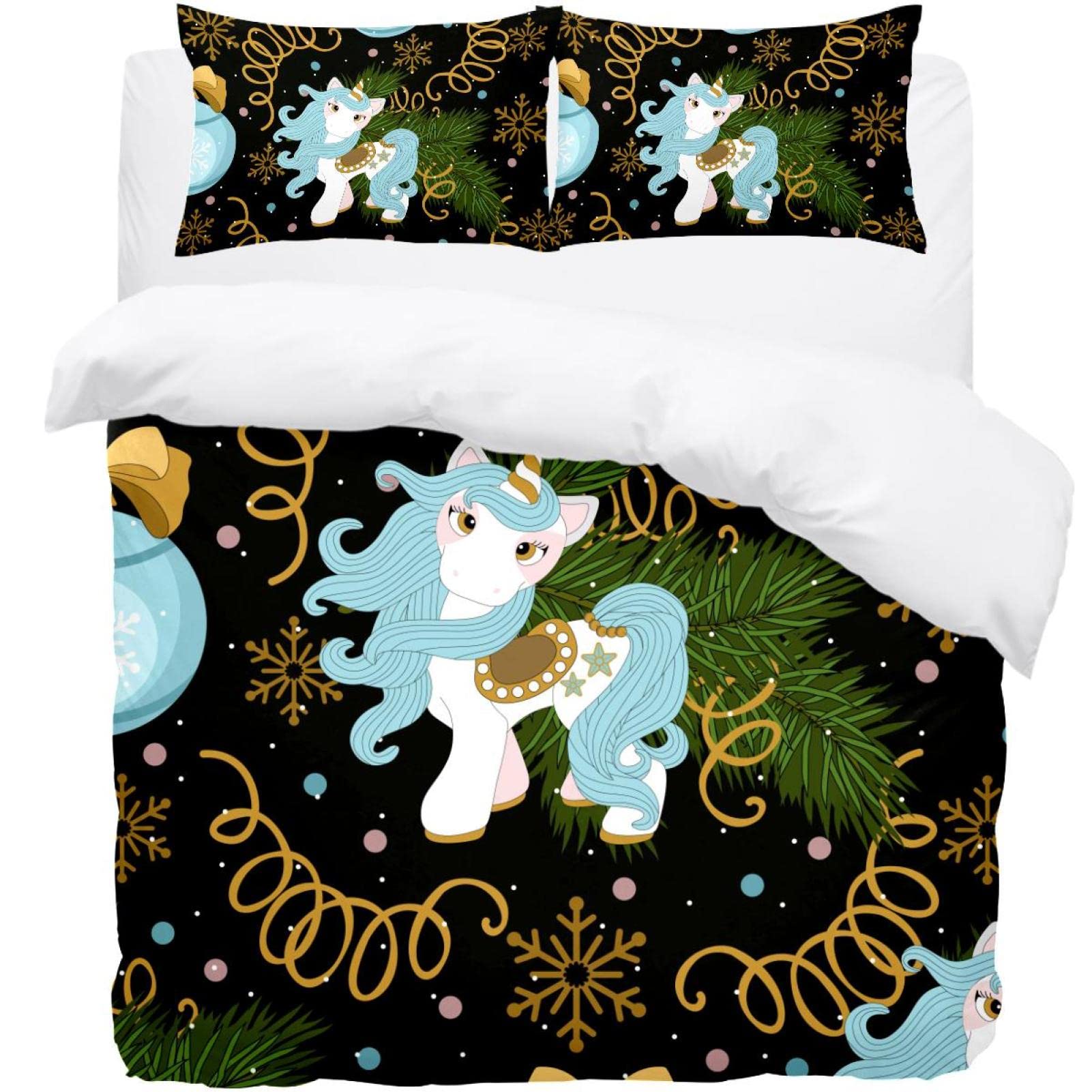 Parure de lit licorne de Noël housse de couette microfibre et 2 taies d'oreiller