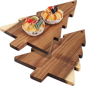 VOSAREA Christmas Tree Cheese Board, 2Pcs Cutting Chopping Board, Wood Christmas Sushi Tray for Festive Holiday Fruit Cookie Tray