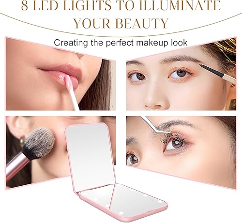 Miniatura 2 de Kakuje Espejo de viaje con luz, espejo compacto LED de aumento 1X3X con BIattery nternal, mini espejo rosa para bolso, bolsillo, viaje y regalo