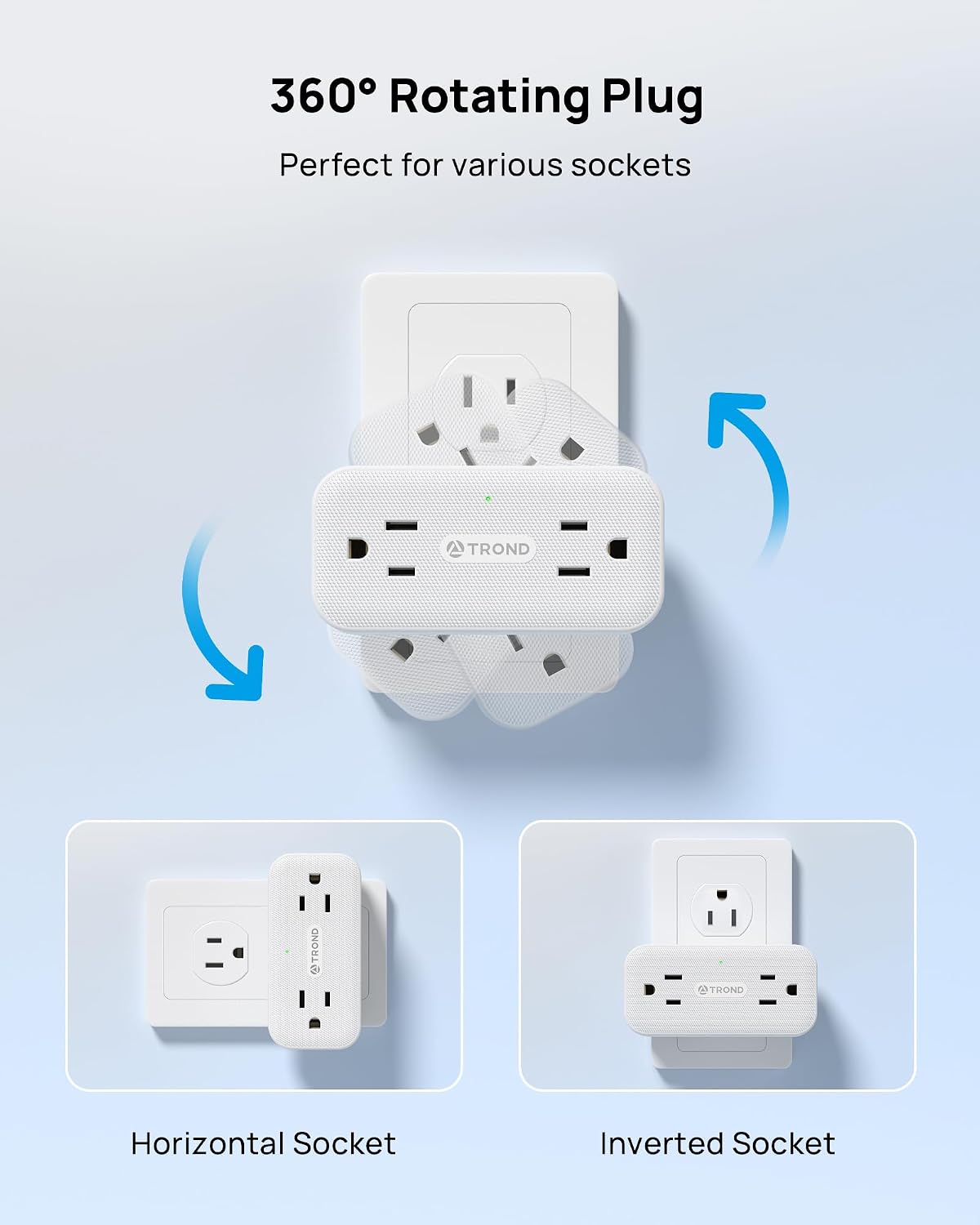 TROND Surge Protector Outlet Extender with 360 Rotating Plug, 4 AC Plug Adapter + Outlet Extender with 6 Inch Cord, Flat Plug Adapter with 4 Electrical Sockets, 900J Surge Protector