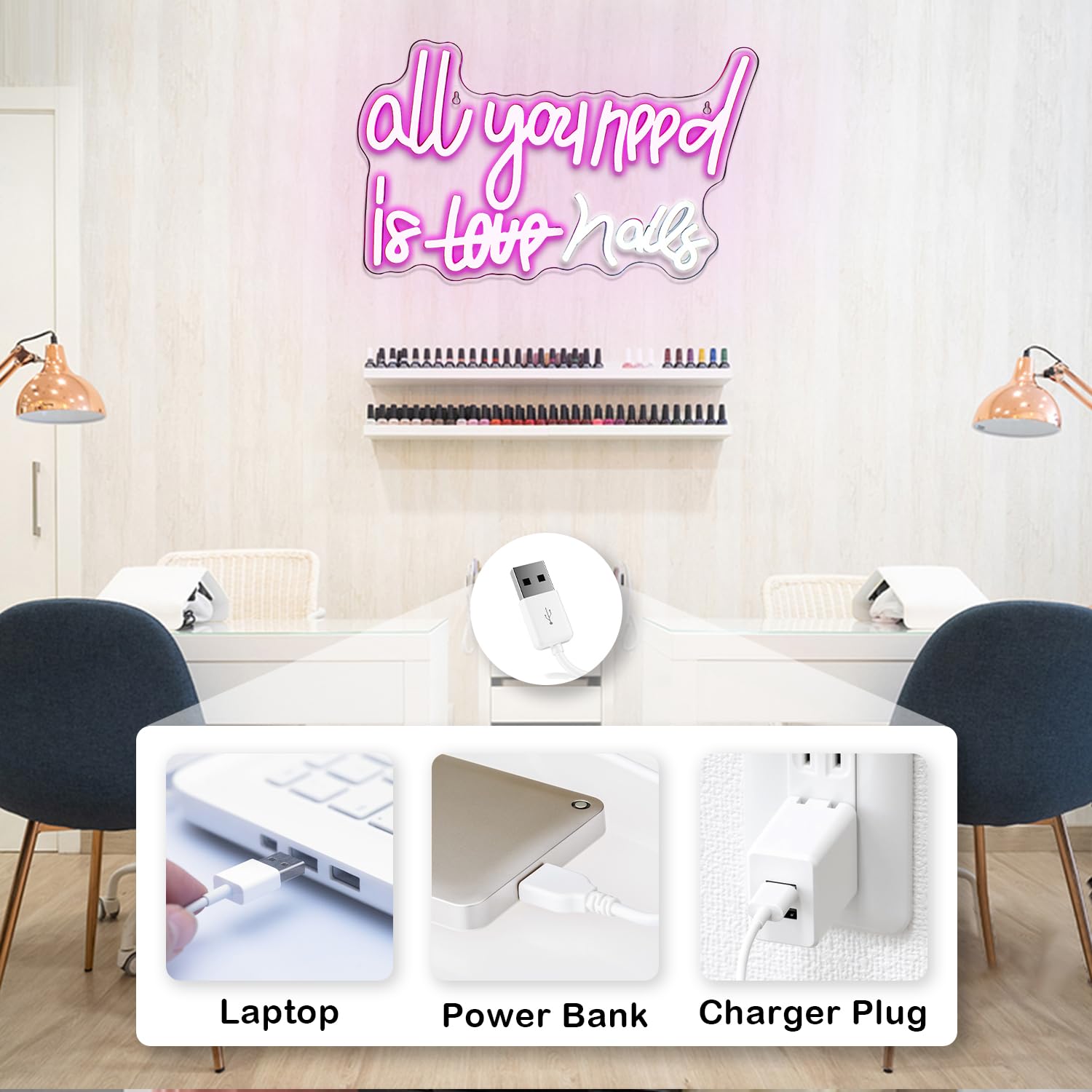 Looklight All You Need is Nails neonowy szyld na paznokcie, dekoracja ścienna, różowa tabliczka LED, neonowe światła USB, neonowe światła do sypialni, pokoju paznokci, salonu, spa, baru, na imprezę