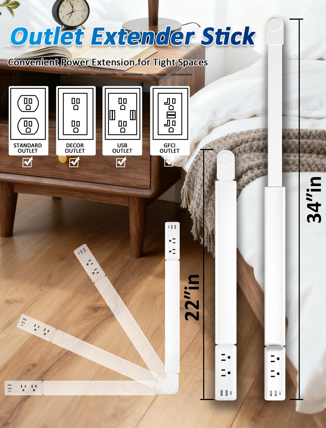 Eletrical - Extensor de toma de corriente vertical de 22 a 34 pulgadas con 2 salidas de CA, puertos USB-A, USB-C, extensor de salida de pared giratorio de 180° para extensor de cable de extensión de