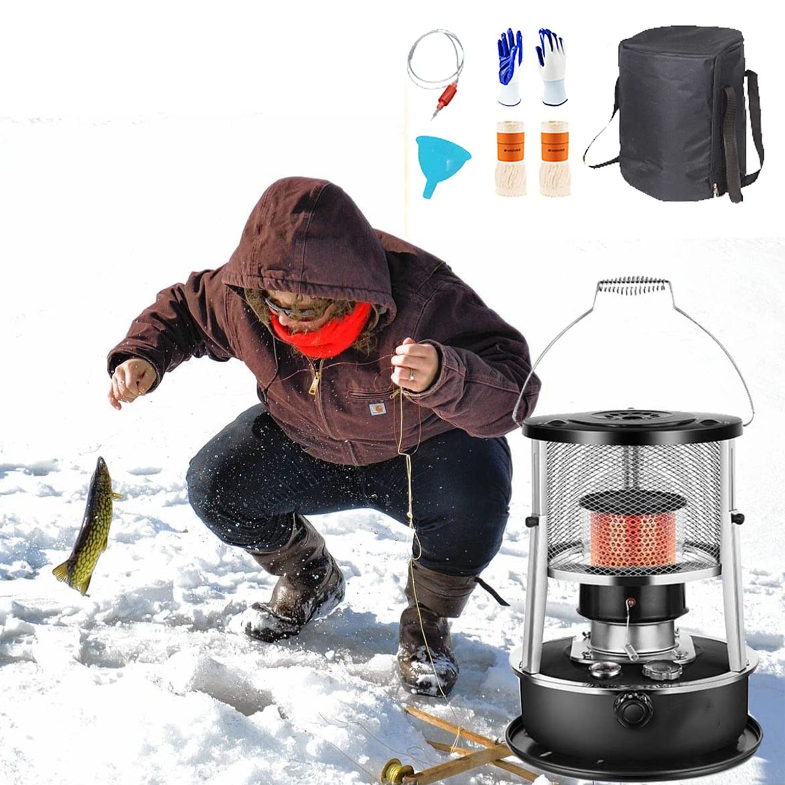Estufa de Queroseno de 4,5L, Calentador de Acero Inoxidable de 9000 BTU/H Calentadores de parafina de Aceite universales y prácticos con 2 mechas para la Pesca en Hielo, Senderismo