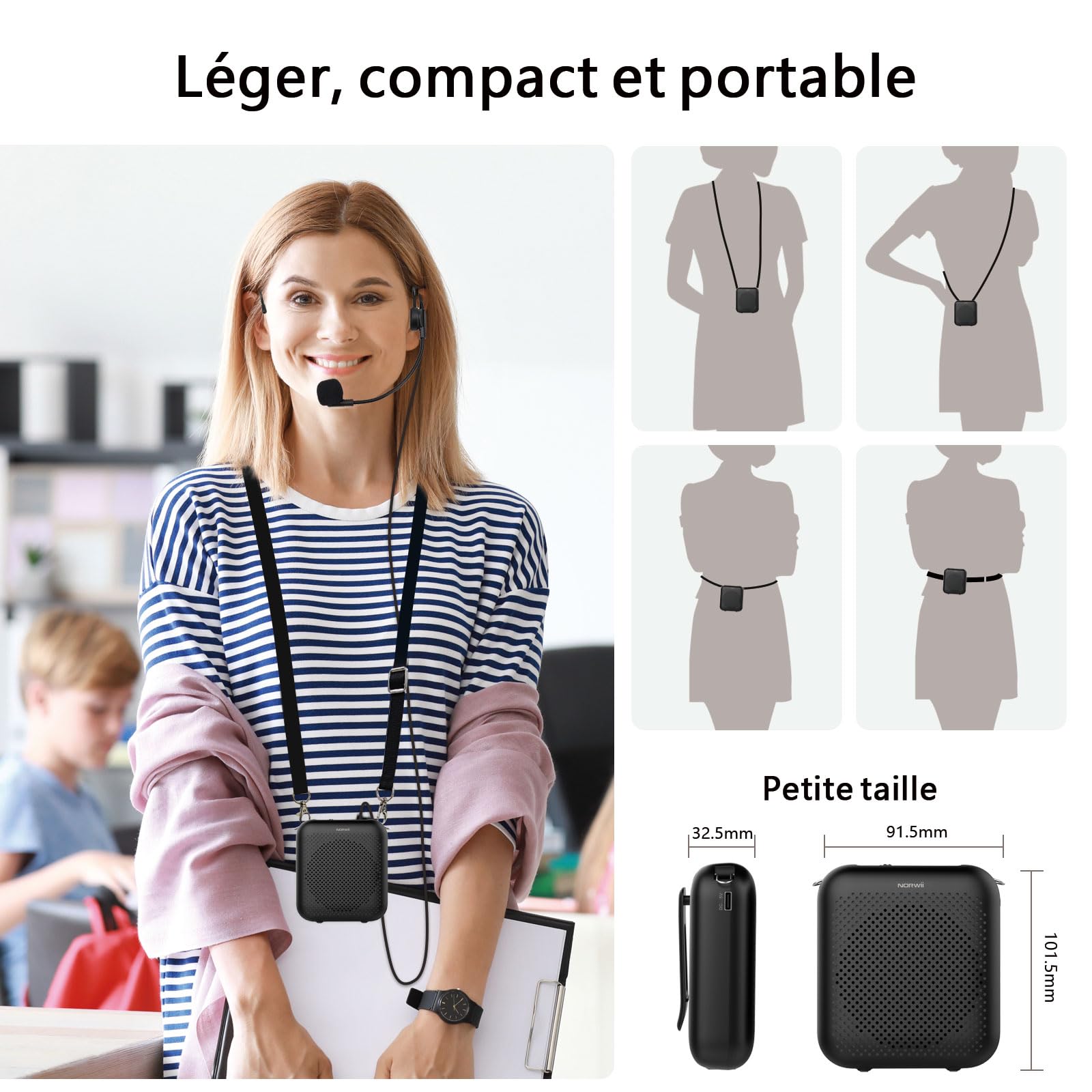 Norwii Amplificateur Vocal, Amplificateurs de Puissance, Casque Micro Filaire Portable pour Enseignants, Cours en Classe et en Plein Air, Enseignement, Guides Touristiques, Charge USB-C