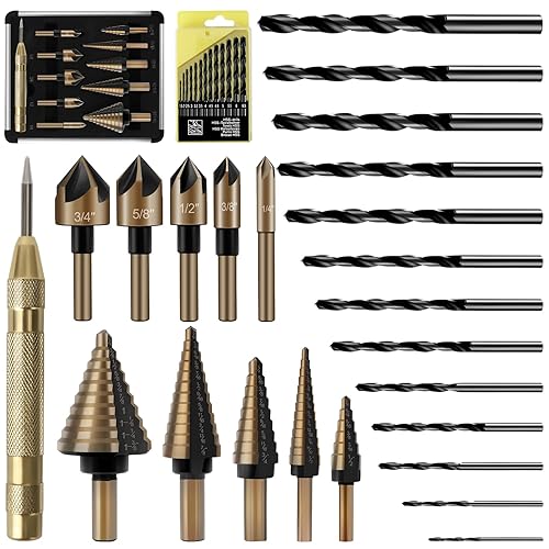 Juego de 5 brocas escalonadas y 5 taladros avellanados, 1 punzón central, 13 piezas de brocas de cobalto, kit de acero de alta velocidad M35 para