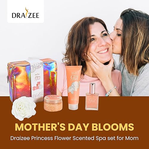 Miniatura 5 de Regalos para mamá  Cesta de spa para mujer, 5 piezas, con aroma de princesa y flor, loción corporal y aerosol, sales de baño, puff  Cesta de regalos