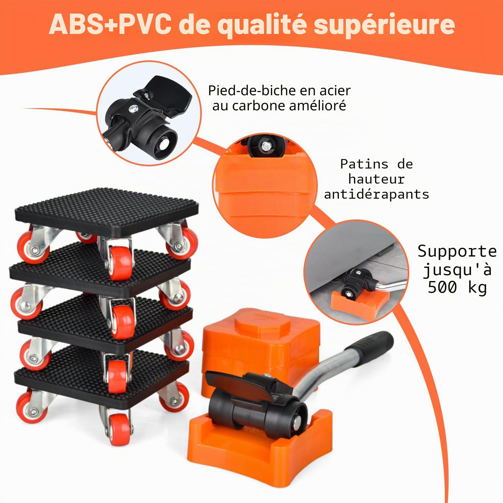 Leve Meuble Lot de 9 Pièces avec Barre d'Extension 32 cm, 4 Blocs de Levage, Charge Maximale 500 kg, 4 Roues Rotatives à 360°, Kit pour Déplacement Meubles Lourds
