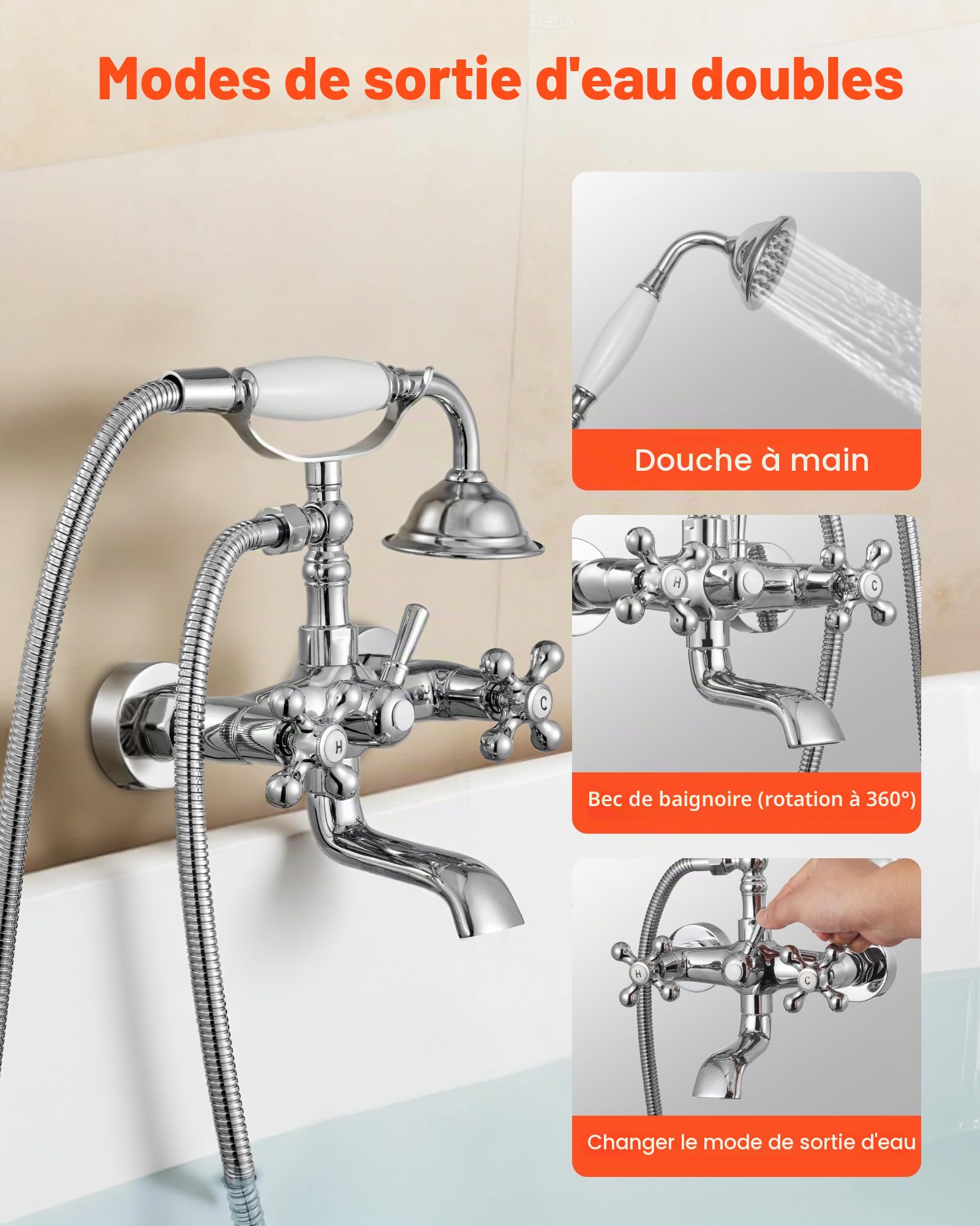 VEVOR Robinet de baignoire sur pattes avec douchette à main, ensemble de robinet de remplissage de baignoire en chrome poli vintage, montage mural, avec bras pivotants réglables et bec pivotant à 360°