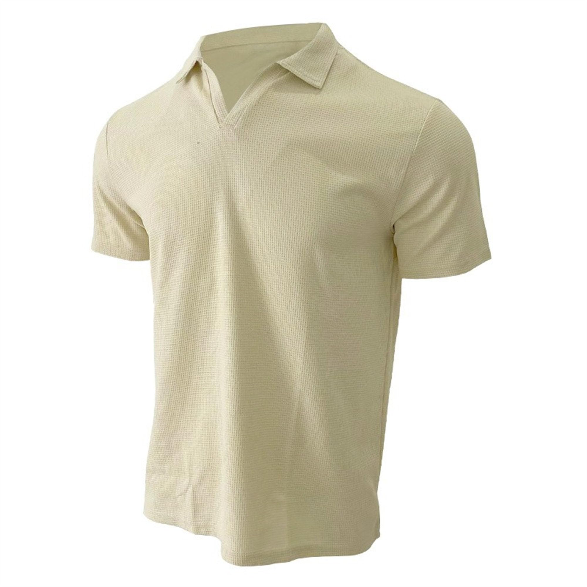 Men Waffle Casual Breathable T-Shirt Solid Lapel Thin Slim Fit Polo Shirts Summer Classic Comfy Street Crochet Tops (Khaki,X-Large)