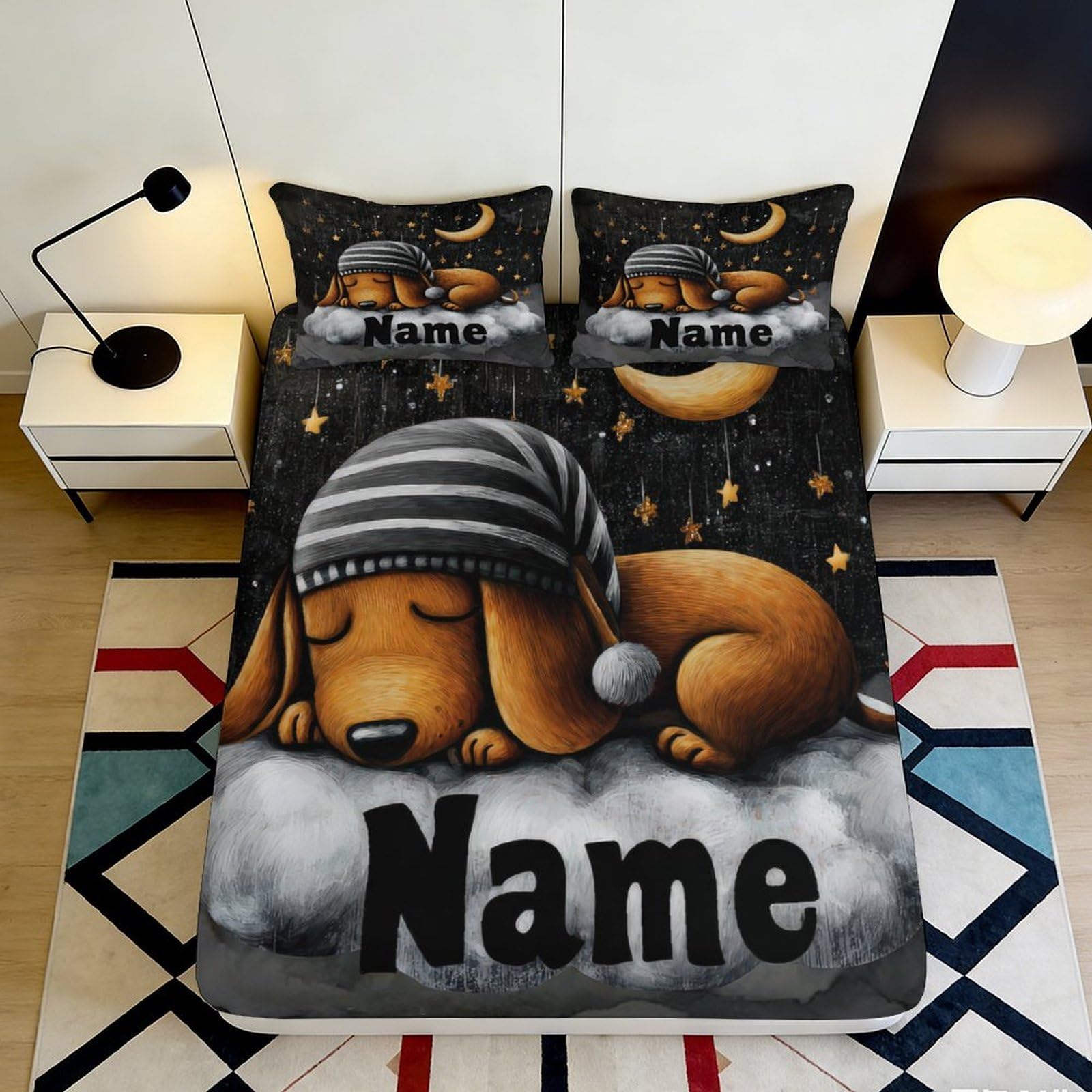 3D Printed Sleeping Dog Fitted Sheet Microfiber Breathable Cartoon Moon Bed Cover for Bedroom Dorm Mattress Decor 120x200cm 90x200x25cm