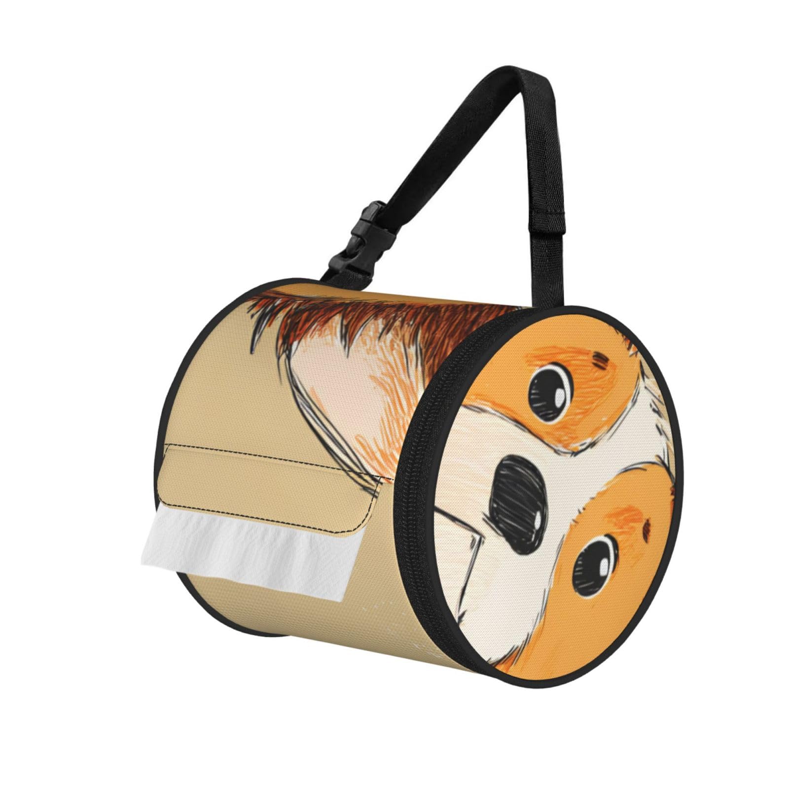 Cute Corgi Printed Cylindrical Tissue Bag Portable Oxford Cloth, Foldable Travel Tissue Holder With Zipper And Adjustable Belt