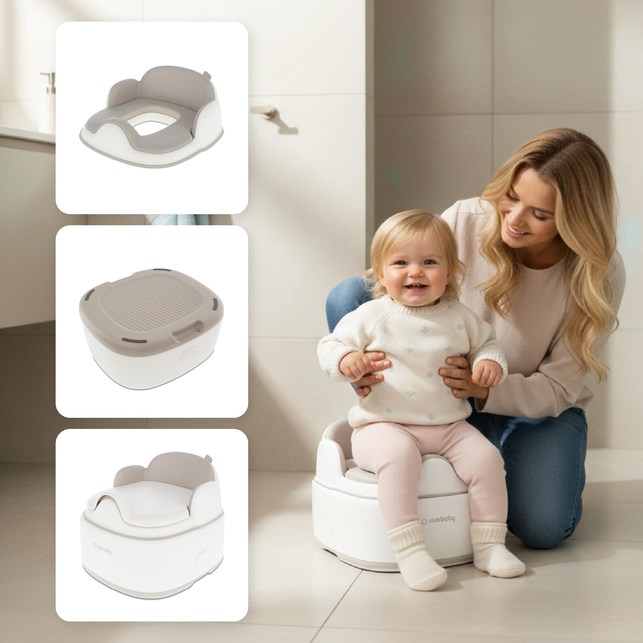 sun baby Vasino per bambini 1-6 anni - rialzo per WC, poggiapiedi - base antiscivolo, seduta morbida, schienale alto, coperchio igienico - Bianco-Grigio