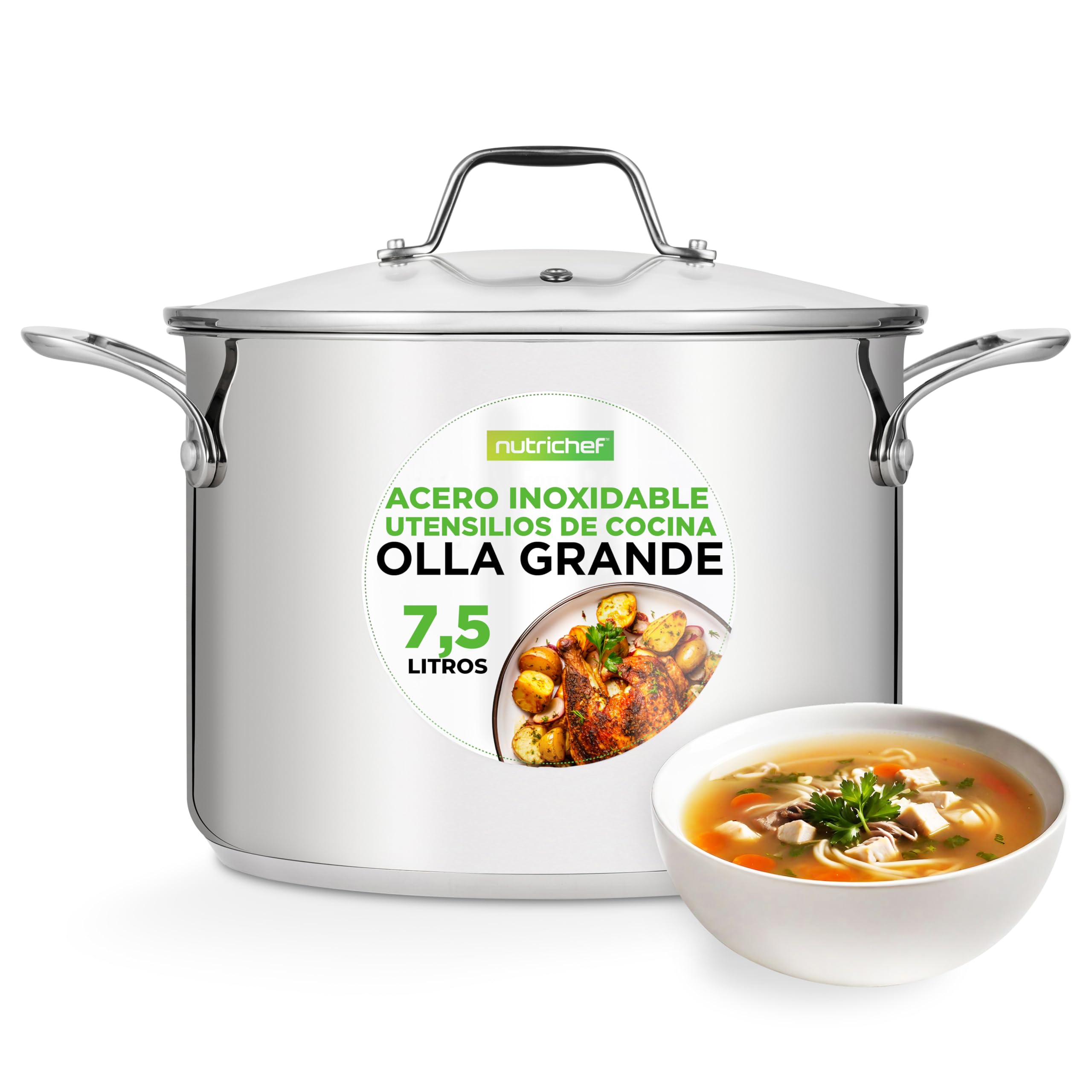Nutrichef olla acero inoxidable 18/​8, 7.5 litros, Induccion, Tapa, Caldo, Estofado