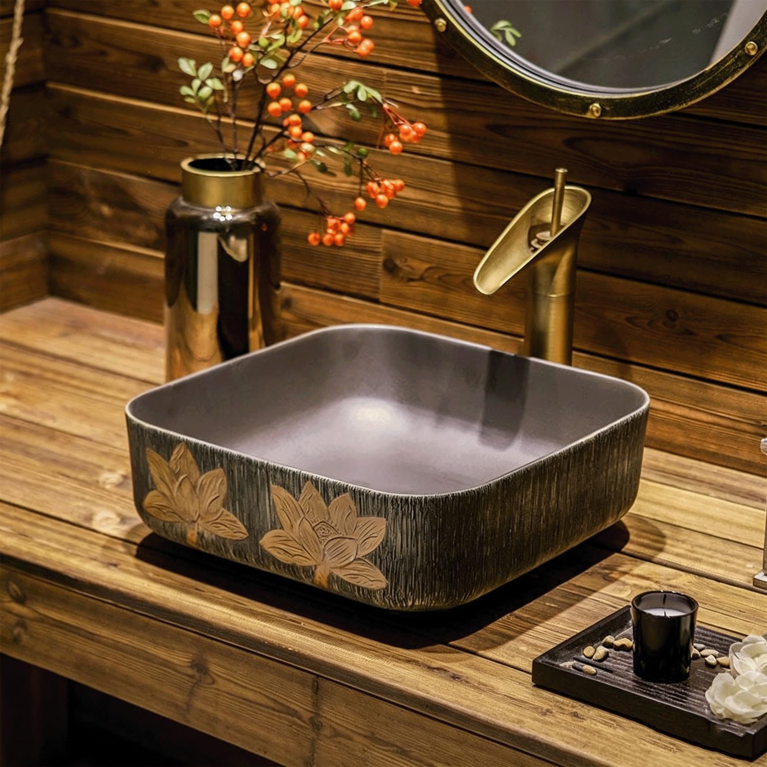 QjxSXLFSX Ceramic Vessel Sink,Ceramic Bathroom Sink Bowl, Handmade, high-temperature fired,brushed stripes,for Bathrooms and Homes,C,38.5×38.5×14cm