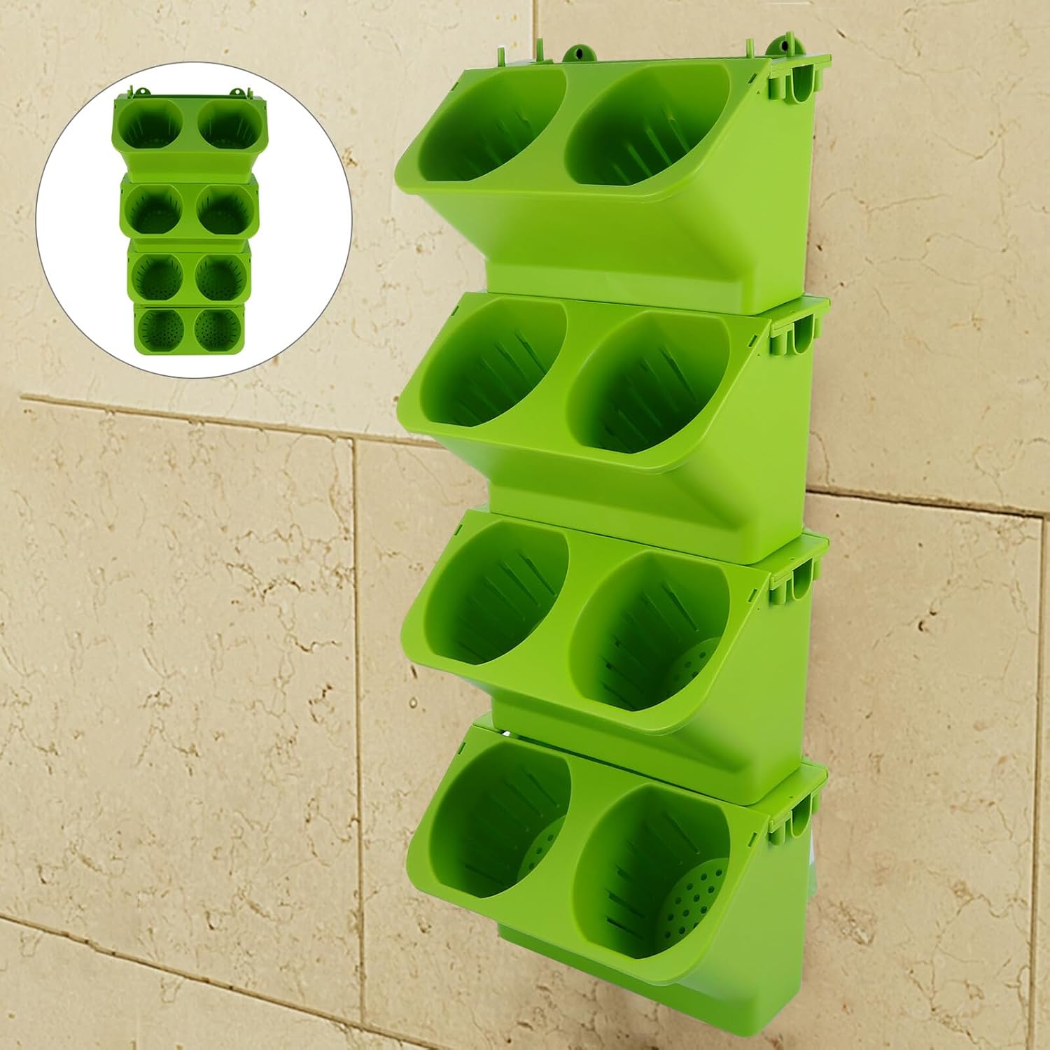 4pcs Self-Watering Vertical Wall Planters for Indoor Outdoor Use with Drainage Dual Plant Pockets and Removable Inner Basket Living Background Green Flower Pots for Succulents and