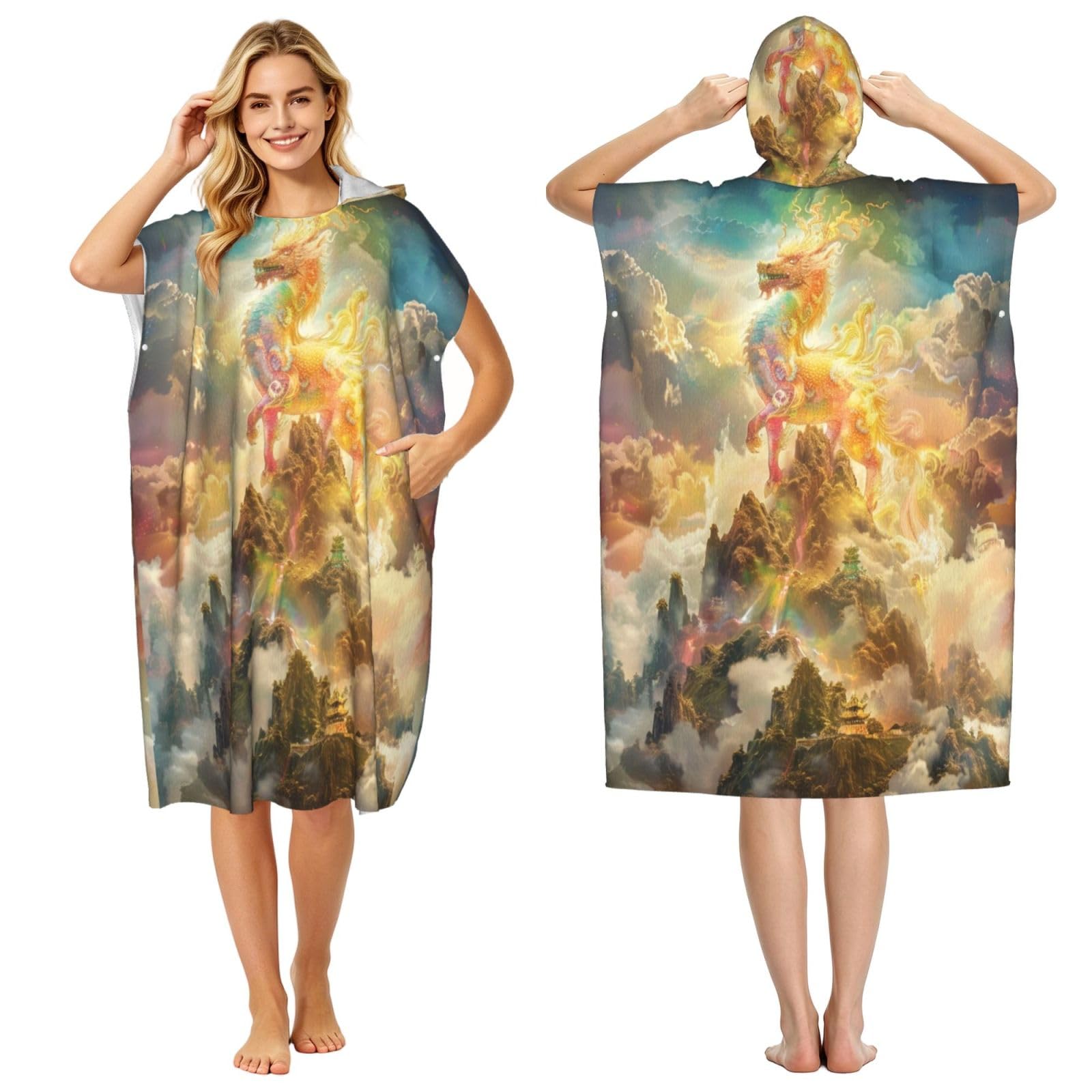 DTHKJNLSF Auspicious Beast Adult Hooded Beach Poncho Towel