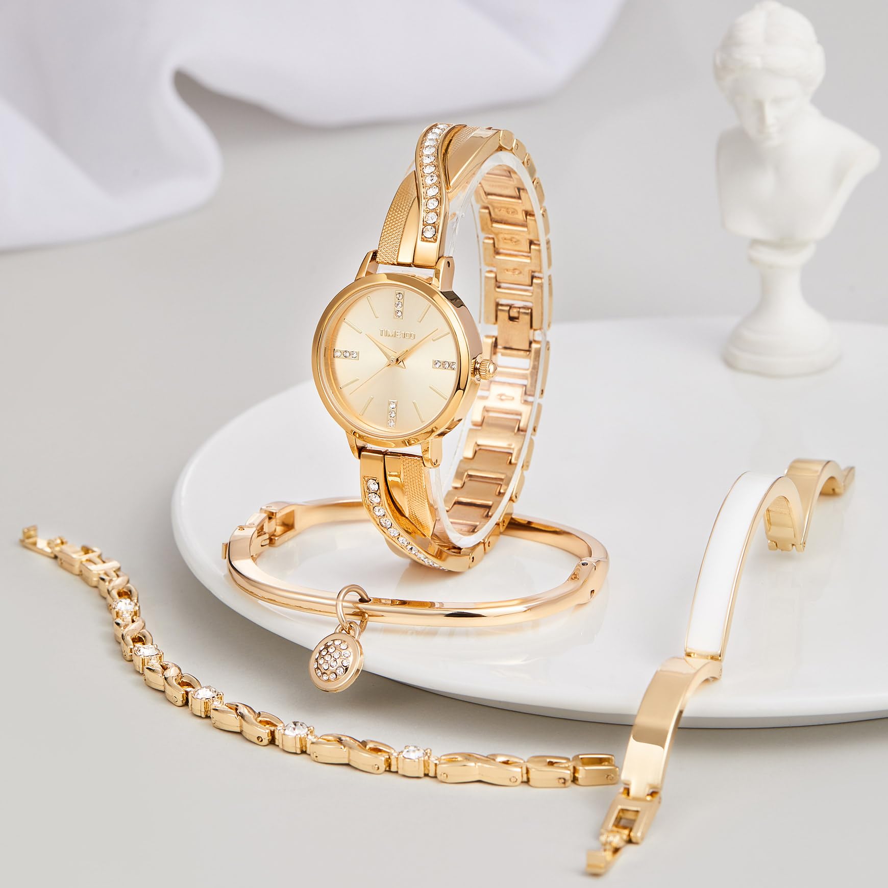 TIME100 Set Orologio Bracciale da Donna Elegante Orologio da Donna in Acciaio Inossidabile，Bracciali Decorati con Cristalli,Set di Braccialetti con Decorazione in Cristallo Premium Regalo Donna