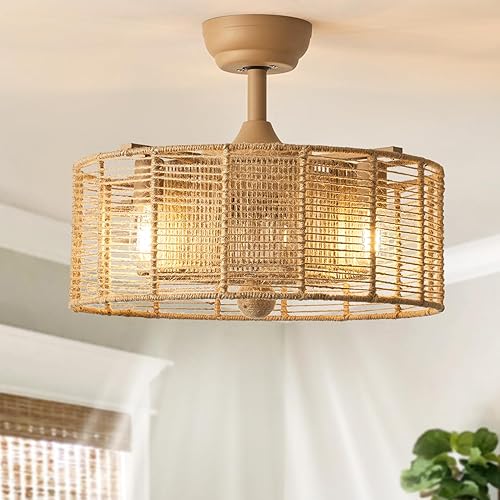 Ventilador de techo bohemio de 20 pulgadas con luces y control remoto, ventilador de techo enjaulado de ratán con luz, 6 velocidades cerradas para