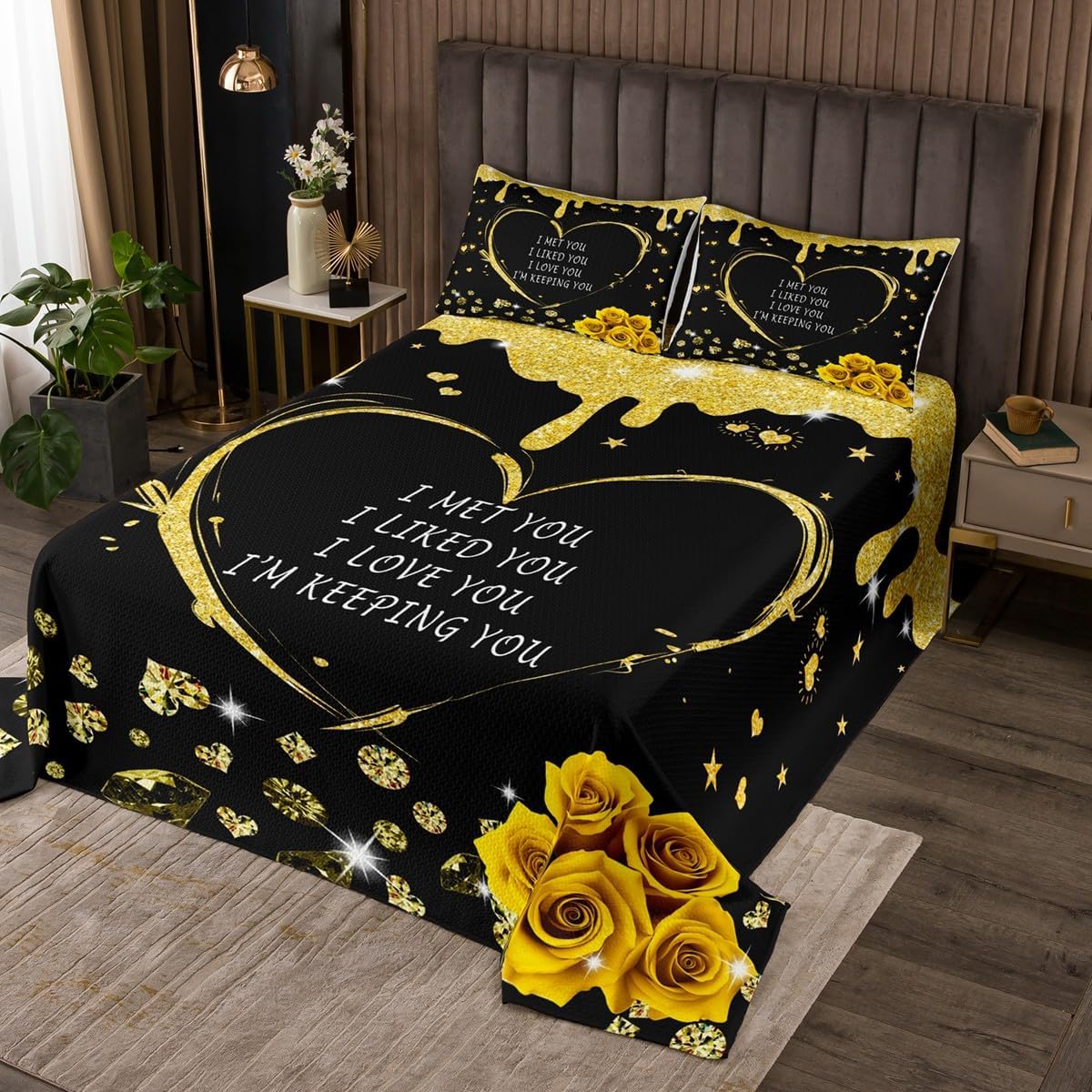 Erosebridal Romantic Valentine's Day Twin Coverlet Set Anniversary Greetings Words Quilt Set Gifts for Couple Diamond Rose Floral Bedspread Set,Sequin Hearts Bed Set Black Teal