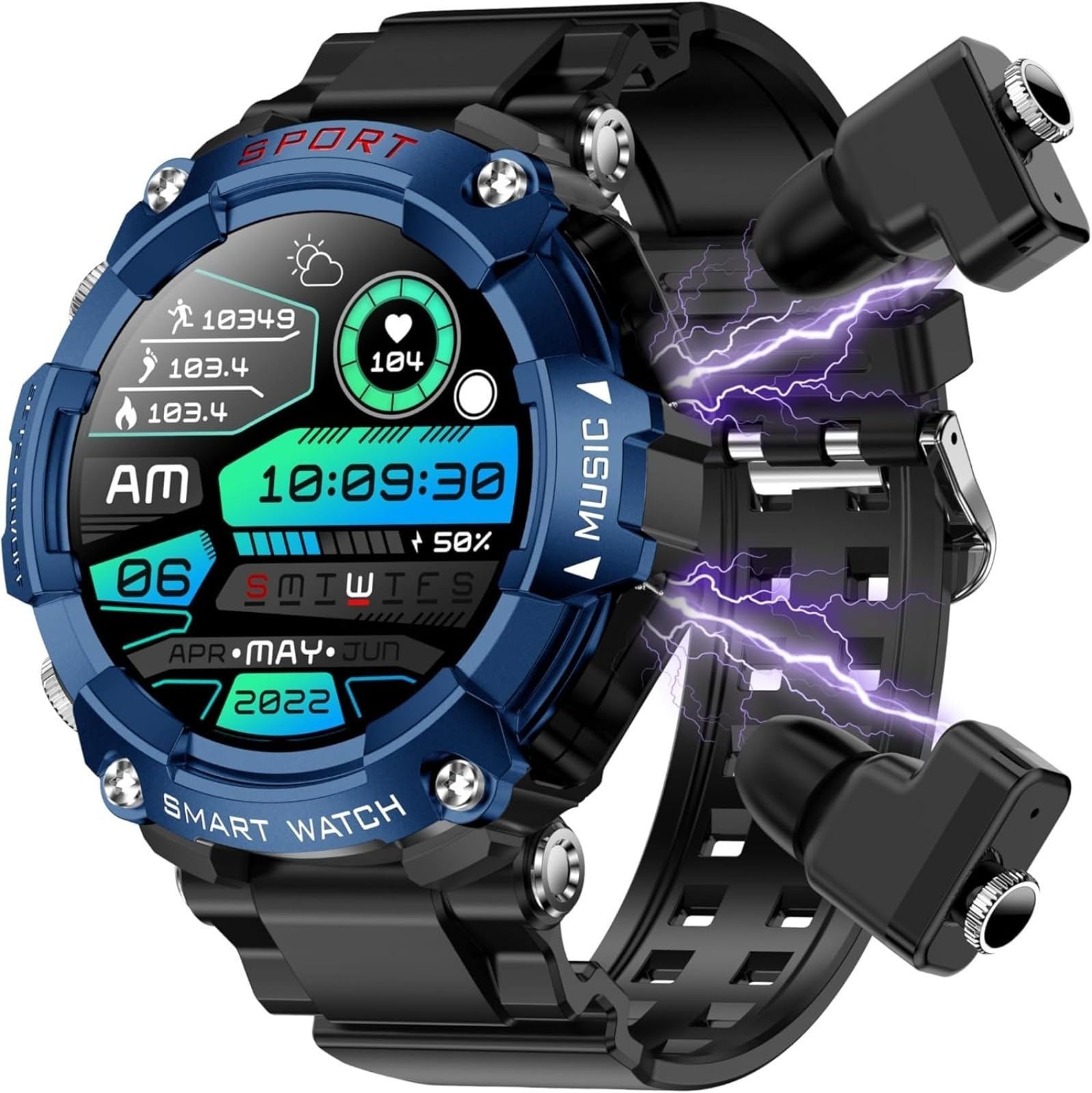Smart Watch con tappi per le orecchie da uomo, orologio fitness rotondo da 3,9 cm, orologio Bluetooth 2 in 1, con passi, calorie, smart watch sportivo, lungo standby, adatto per iOS e Android