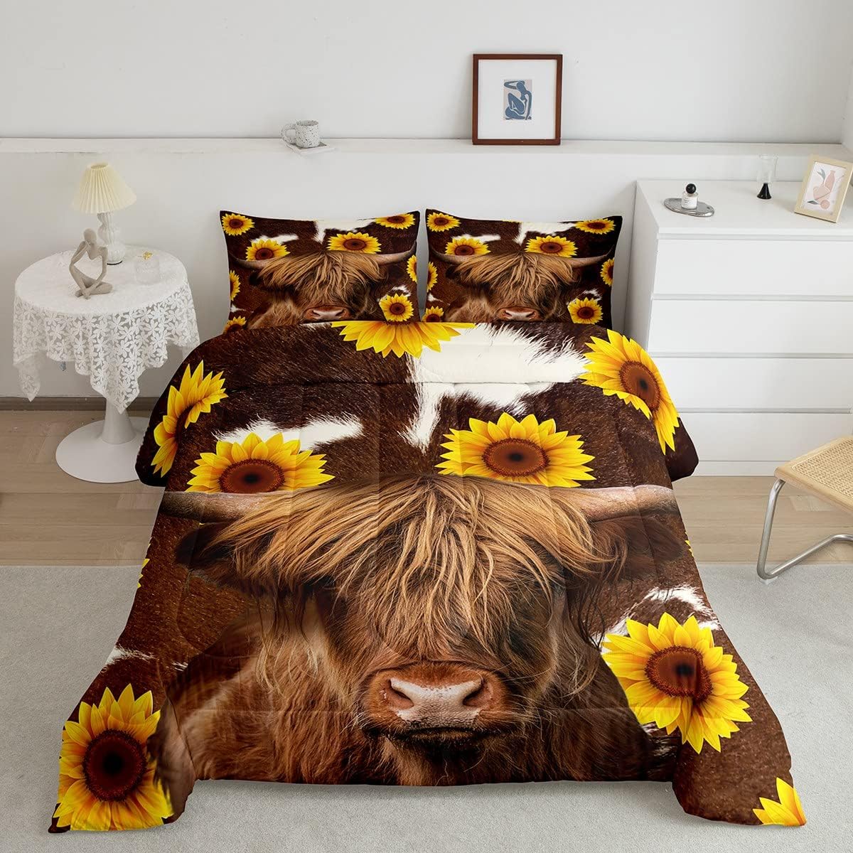 Sunflower Highland Cow Comforter Set Cow Fur Comforter for