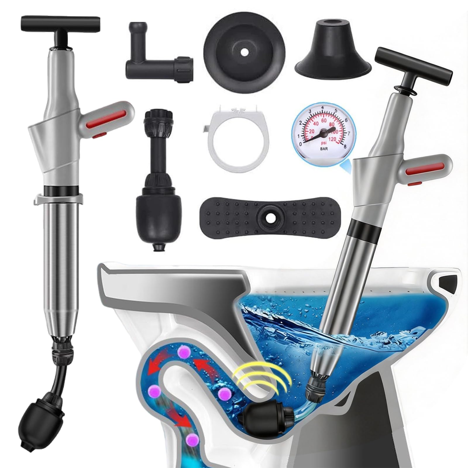 ZhouWei Deboucheur WC Piston à Pompe Haute, Deboucheur Toilette Canalisation avec Baromètre et Têtes Remplaçables Kit de Débouchage Haute Pression, pour l'évier Déboucher Cuisine Salle Bain