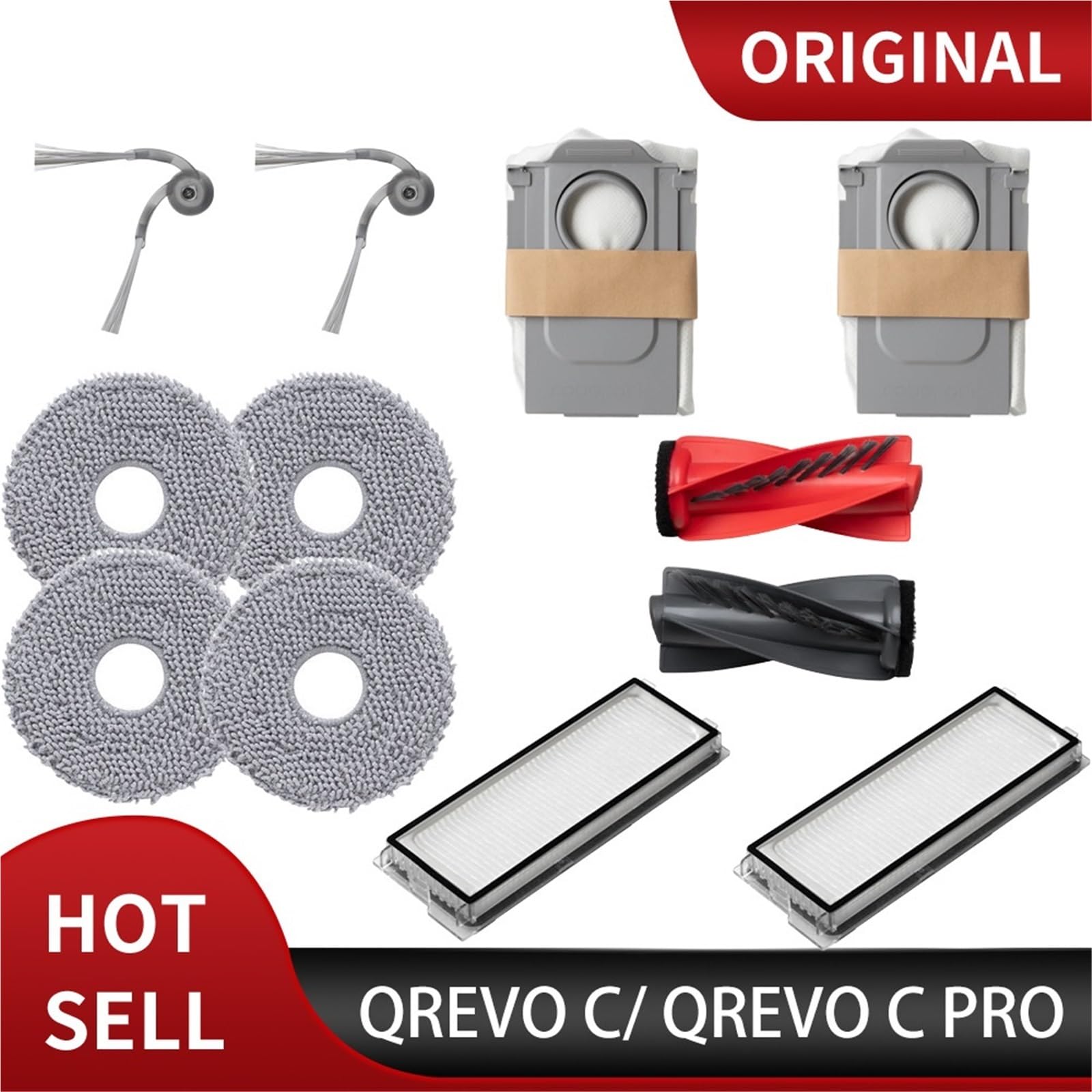 Original Compatible avec Roborock Qrevo C Pro/Qrevo C Accessoires Robot aspirateur Filtre Brosse latérale Principale Sac à poussière vadrouille Remplacement(Main Brush 1pair)