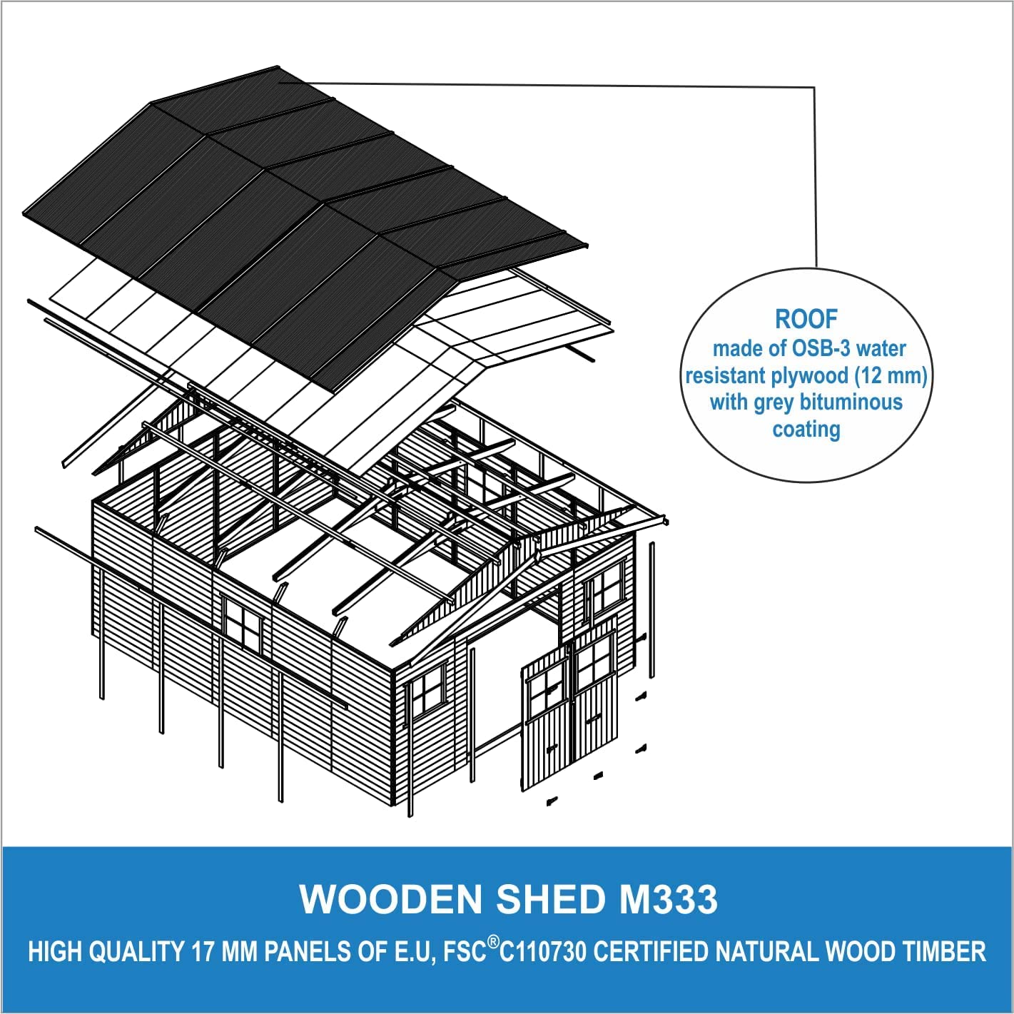 Gartenhaus Holz - Geräteschuppen mit Fenstern - H246 x 418 x 522 cm/ 20 m² Naturholz-Shiplap-Schuppen - Gerätehaus - Fahrradschuppen - TIMBELA M333