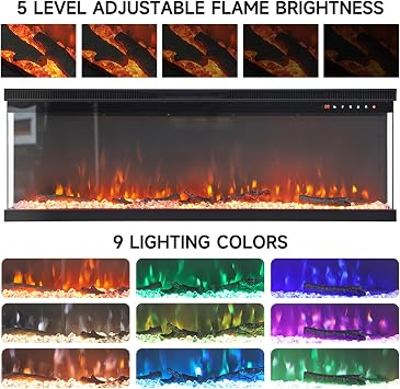Warmiehomy Electric Fire 60inch/152cm 3D Effect Media Wall Fireplace Recessed/Freestanding Electric Fireplace with 9 Colors LED Flame Effect, Touch Remote Control & Overheat Protection