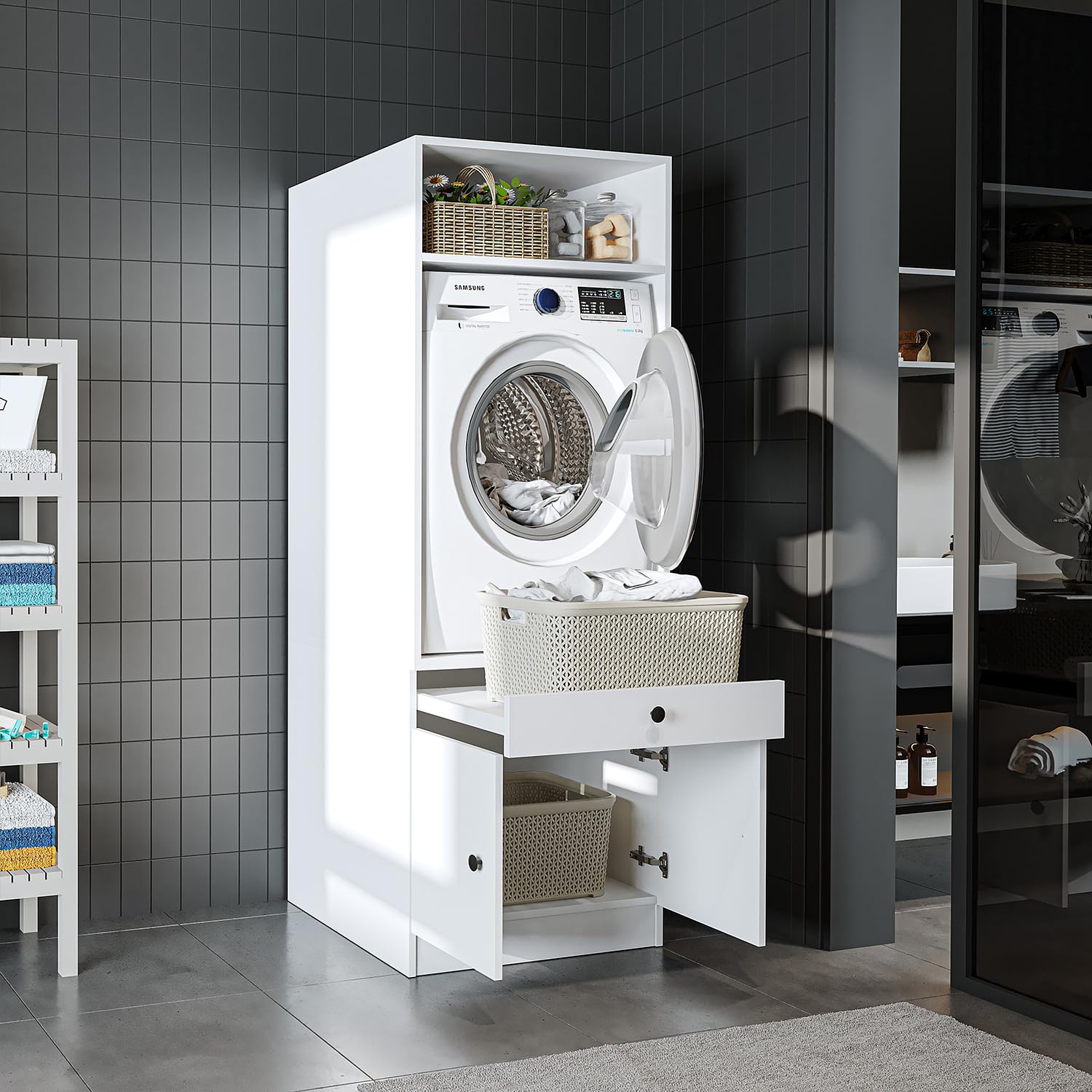 ROOMART • Waschmaschinenschrank mit Ausziehplatte • Platzsparend • Praktisch • Ideal für Hauswirtschaftsraum (Weiß, 1 Schrank - (184cm hoch))