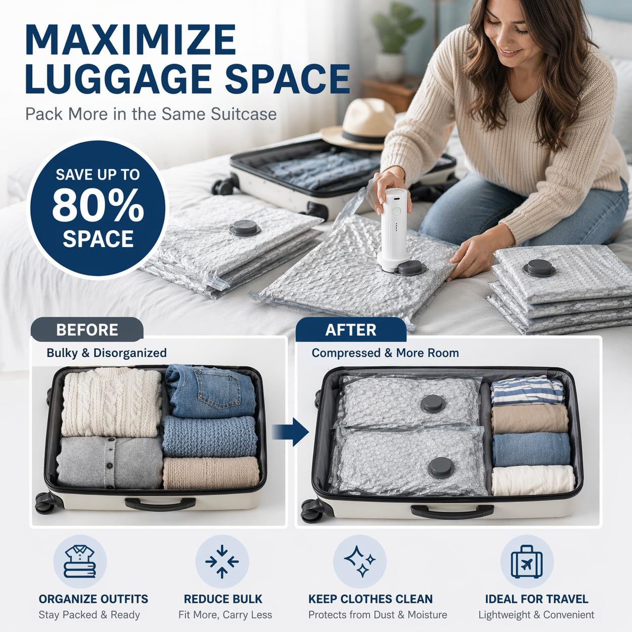 Bolsas de vacío de compresión de viaje con mini bomba de aire recargable, paquete de 15 bolsas de ahorro de espacio, bolsas de almacenamiento al vacío reutilizables para ropa, organizador de artículos