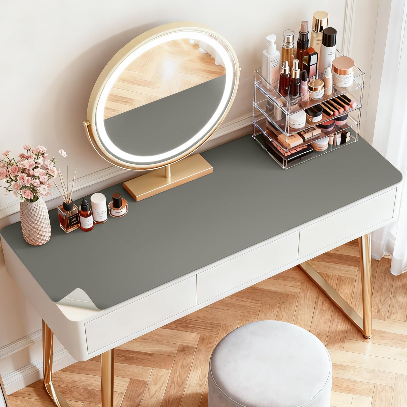 LovePads Makeup Mat for Vanity, 16 x 32 Dual-Sided Desk Pad &amp; Vanity Cover Top, Waterproof PVC Protector Mat for Dresser, Nail Art, Craft Table (Dark Grey+Grey)