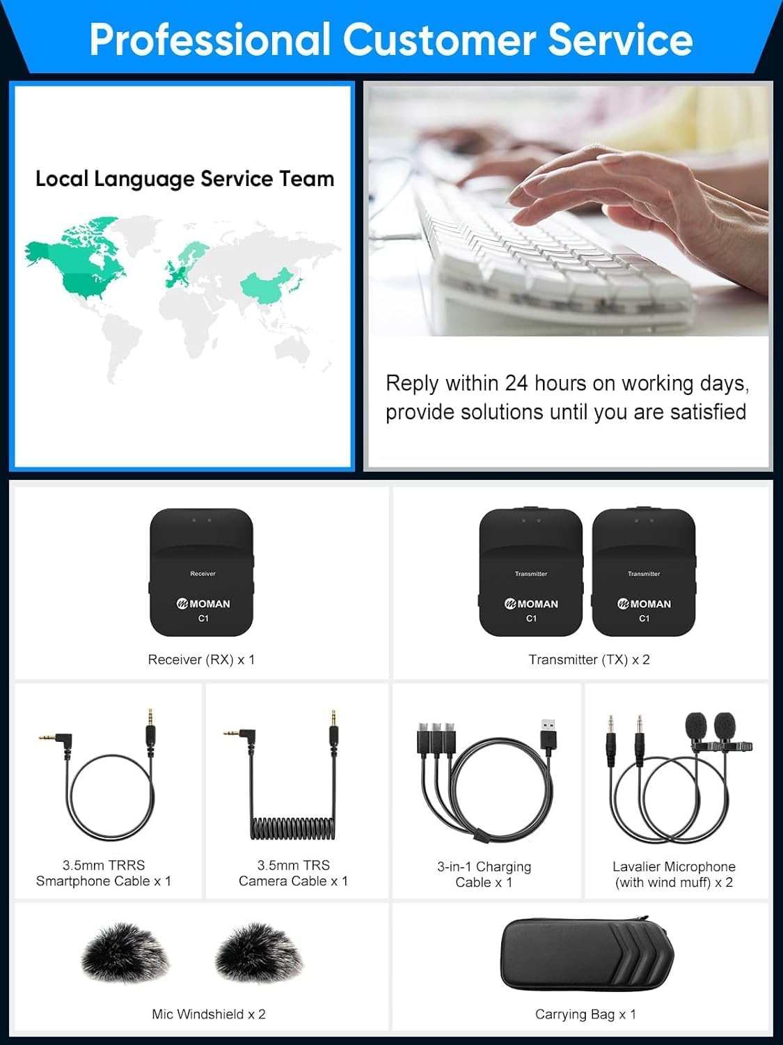 Moman C1X Wireless Lavalier Microphone, 2.4GHz Dual Channel Lapel Mic System with Noise Cancellation 230FT Range for Online Class Vlog Live Stream YouTube DSLR Camera Smartphone Tablet