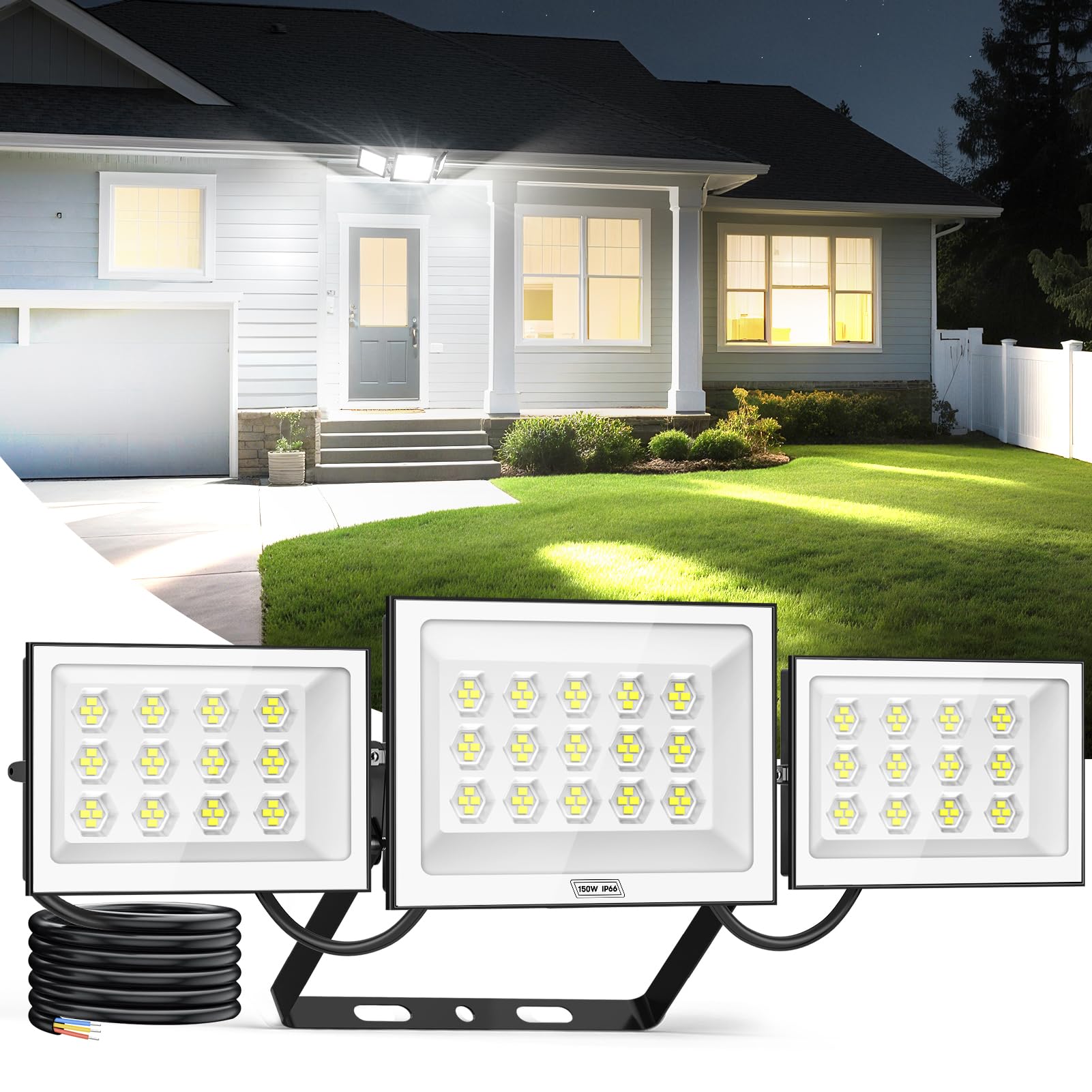 Viugreum LED Floodlight Outdoor 150W 15000LM, Super Bright Led Security Lights with 3 Heads Adjustable, Daylight White 6500K LED Spotlight, IP66 Waterproof Outdoor Wall Light for Yard, Court, Street