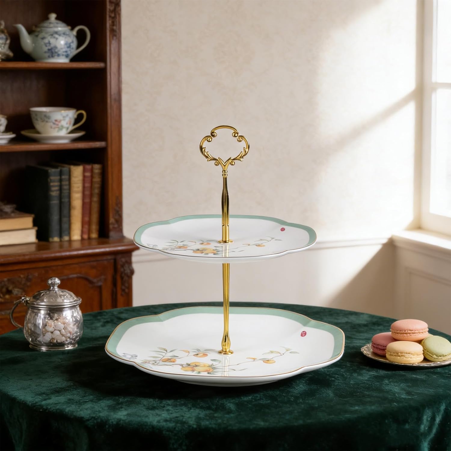 KAMMAK 2-Tier Porcelain Cupcake Stand Serving Tray, Dessert Plates Cake Fruit Candy Display Tower, Reusable Pastry Platter for Wedding Birthday Baby Shower Tea Party Decorations (Reed Green)