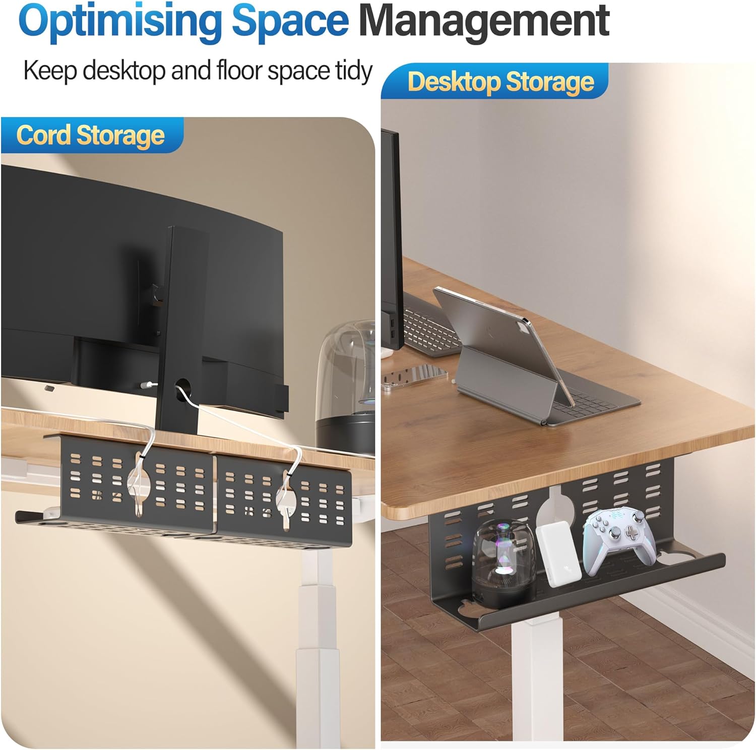 Cinati 3 Pack Cable Management Under Desk, Large Cable Management Tray, Under Desk Alloy Steel Wire Organizers, Cord Hider Tray for Office and Home - Tape or Screw Installation