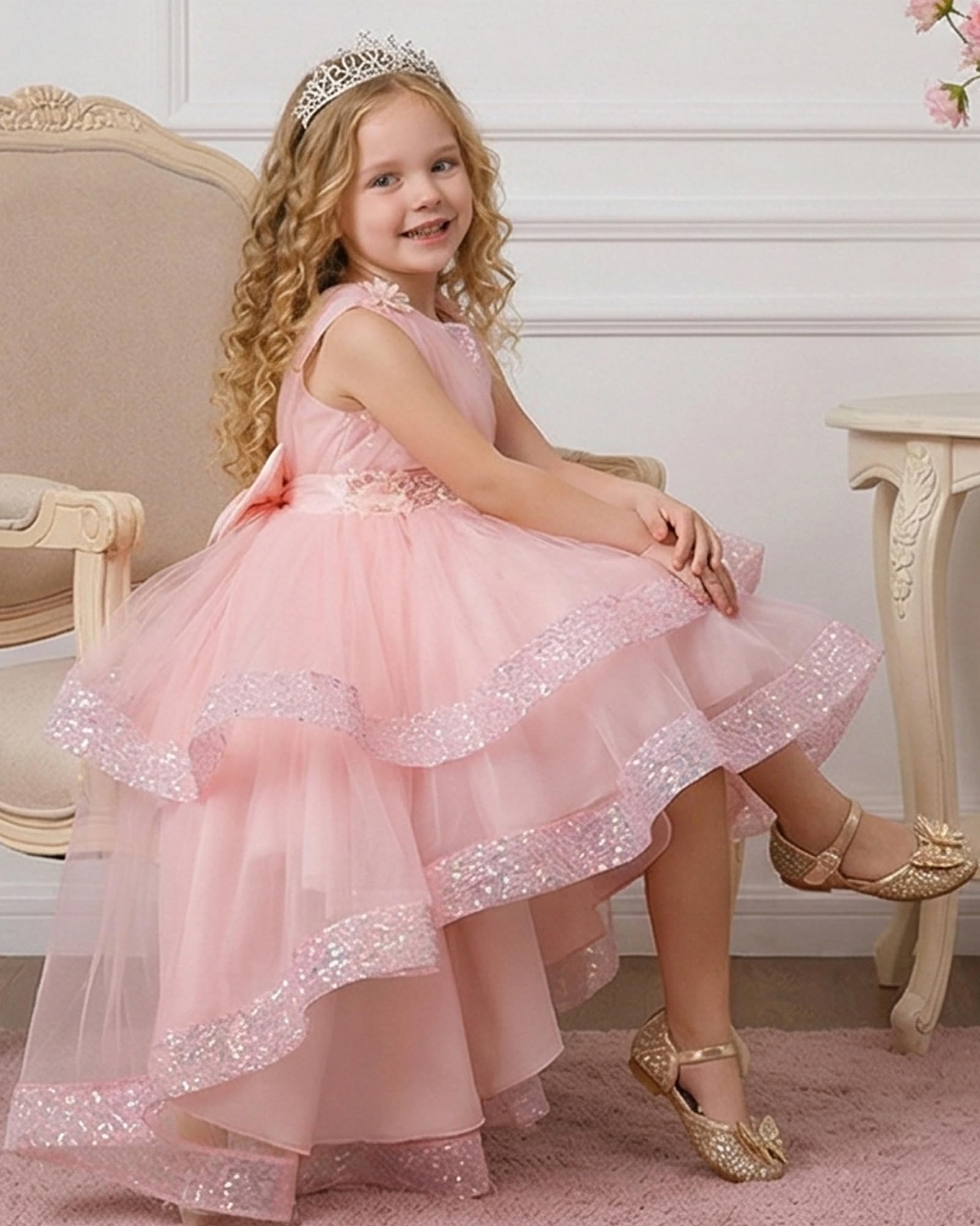 IBAKOM Abito da ragazza floreale elegante: abito estivo senza maniche in tulle, con paillette, abito da principessa per matrimonio, compleanno, festa