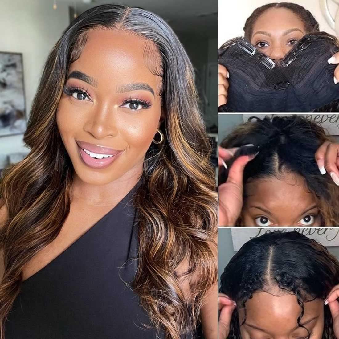 Xagujpo 22inch #FB30 Body Wave V Part Wig Human Hair Beginner Friendly No Sew In Upgrade U Part Wig Human Hair Balayage Highlight Human Hair Wigs For Women Glueless Clip In Half Wig 180 Density