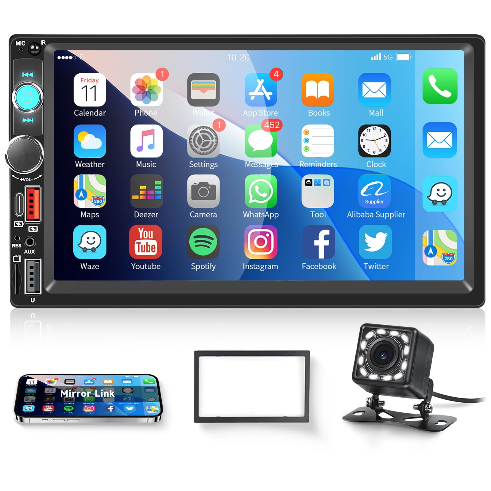 Hodozzy Radio Coche 2 DIN con Bluetooth, 7 Pulgadas Pantalla Táctil Reproductor MP5 con Mirrorlink, Radio FM, Compartir Vídeo, EQ, USB/Tipo C/AUX, Botón de 7 Colores, Compatible Control del Volante