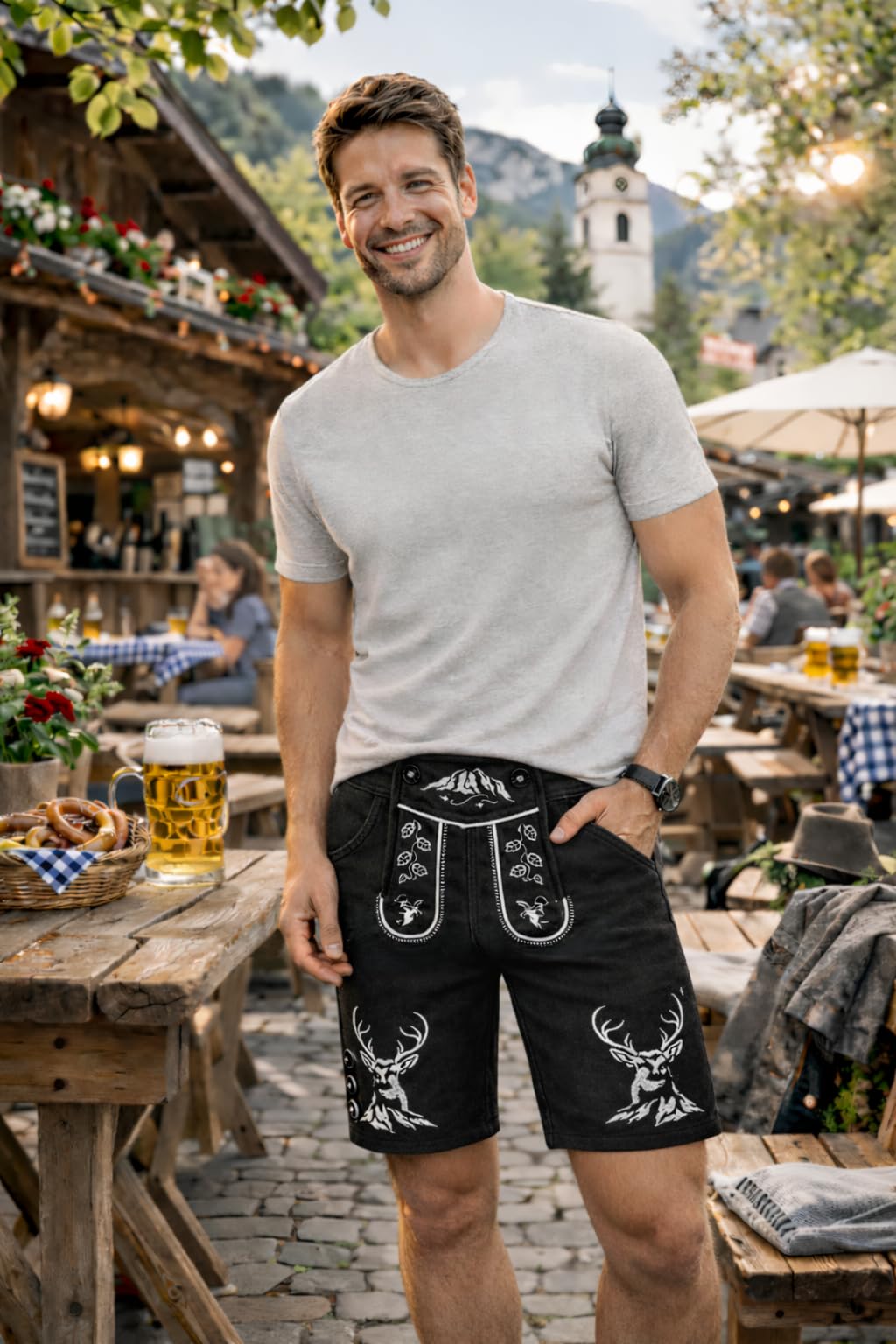 PAULGOS Herren Trachten Jogginghose, Optik Trachten Lederhose, Kurz in 3 Farben Gr.S-5XL JOK4